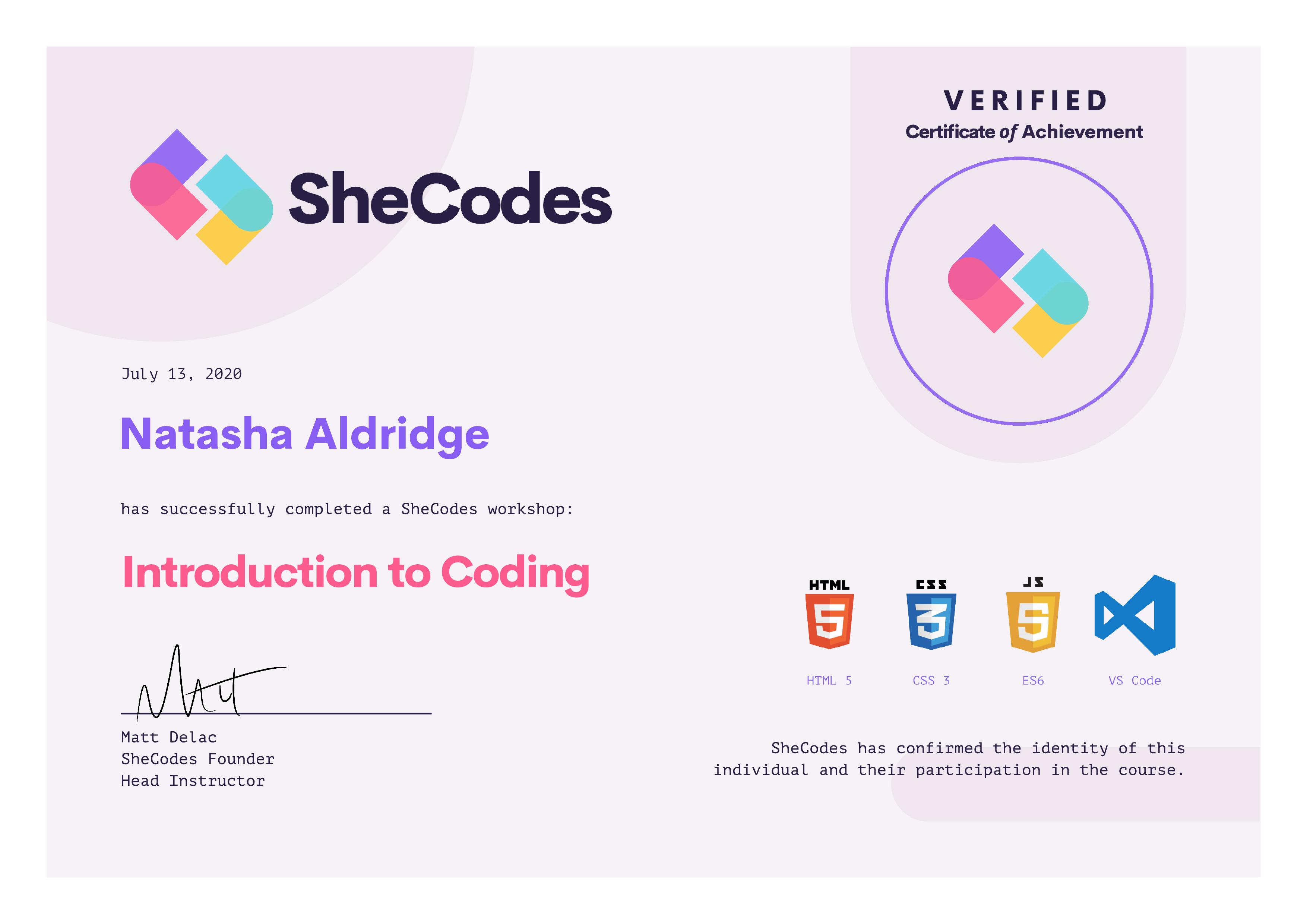 SheCodes Certificate